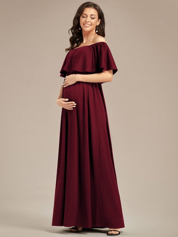 Flattering A-Line Maternity Dress with Off-Shoulder Ruffle - Burgundy