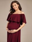 Flattering A-Line Maternity Dress with Off-Shoulder Ruffle – Burgundy