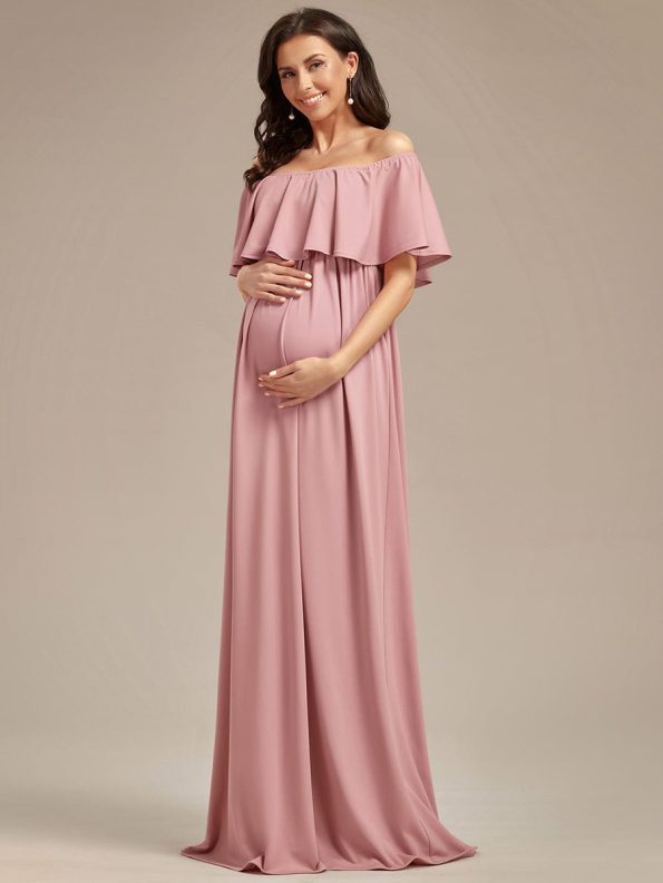 Flattering A-Line Maternity Dress with Off-Shoulder Ruffle - Dusty Rose