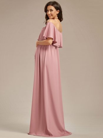 Flattering A-Line Maternity Dress with Off-Shoulder Ruffle - Dusty Rose