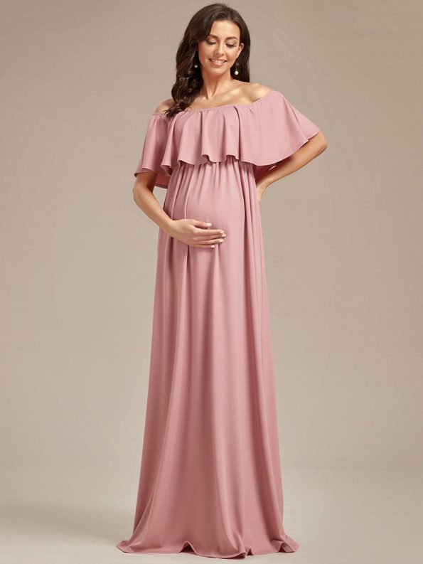 Flattering A-Line Maternity Dress with Off-Shoulder Ruffle - Dusty Rose