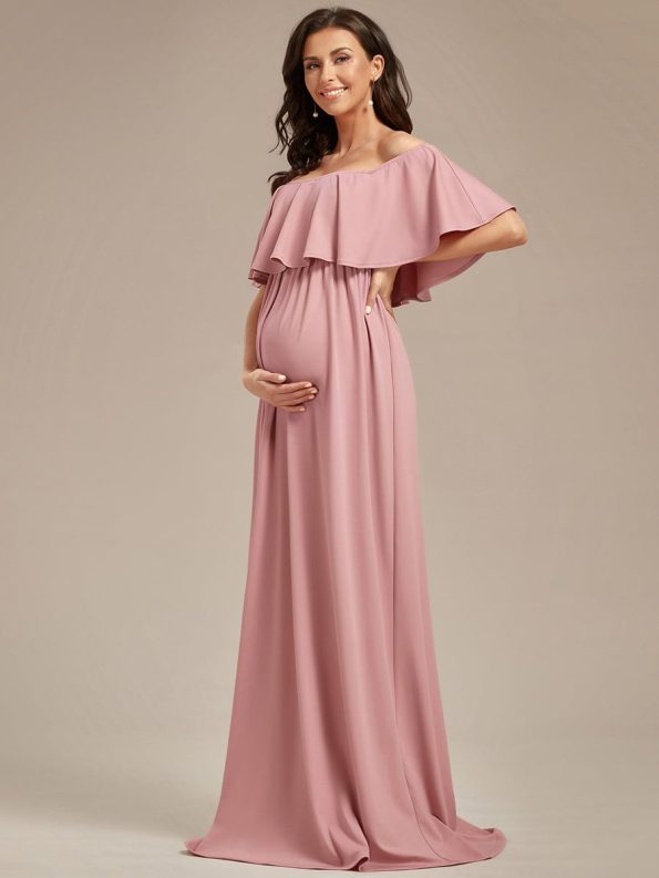 Flattering A-Line Maternity Dress with Off-Shoulder Ruffle - Dusty Rose