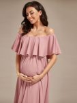 Flattering A-Line Maternity Dress with Off-Shoulder Ruffle – Dusty Rose