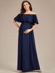 Flattering A-Line Maternity Dress with Off-Shoulder Ruffle – Navy Blue