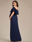 Flattering A-Line Maternity Dress with Off-Shoulder Ruffle – Navy Blue