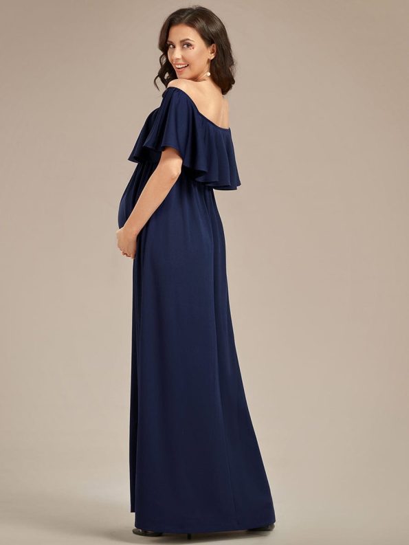 Flattering A-Line Maternity Dress with Off-Shoulder Ruffle - Navy Blue