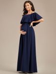 Flattering A-Line Maternity Dress with Off-Shoulder Ruffle – Navy Blue