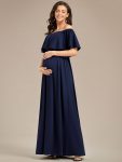 Flattering A-Line Maternity Dress with Off-Shoulder Ruffle – Navy Blue