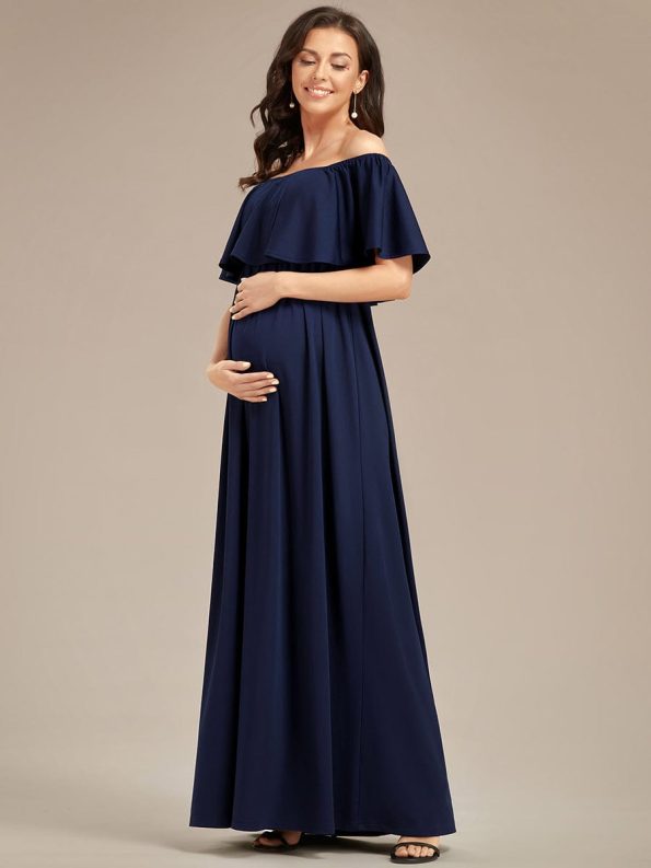 Flattering A-Line Maternity Dress with Off-Shoulder Ruffle - Navy Blue