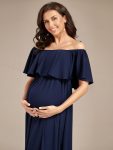 Flattering A-Line Maternity Dress with Off-Shoulder Ruffle – Navy Blue