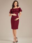 Elegant Ruffle Off-The-Shoulder Bodycon Midi Maternity Dress – Burgundy