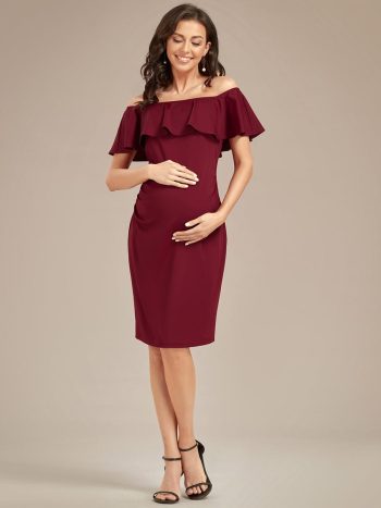 Elegant Ruffle Off-The-Shoulder Bodycon Midi Maternity Dress - Burgundy