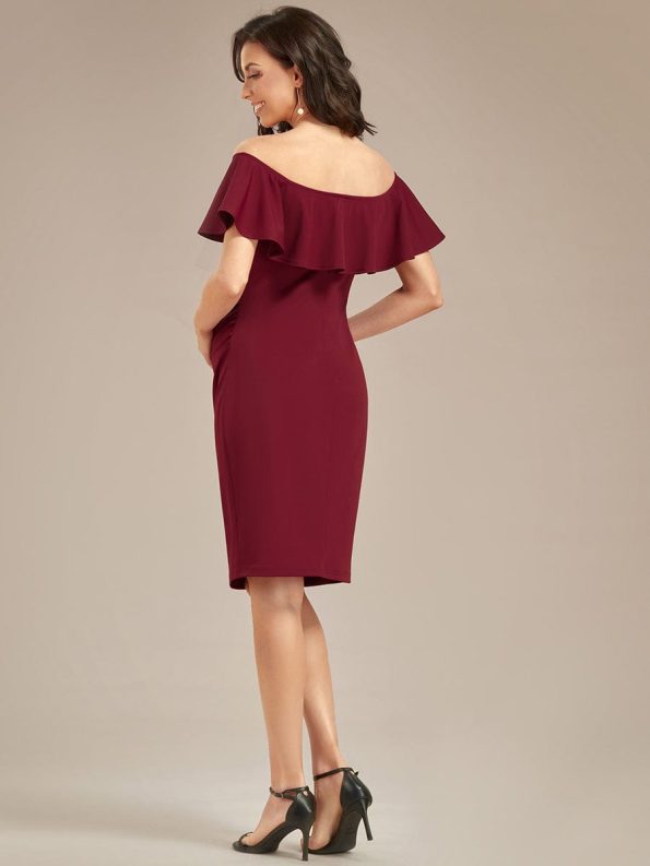 Elegant Ruffle Off-The-Shoulder Bodycon Midi Maternity Dress - Burgundy