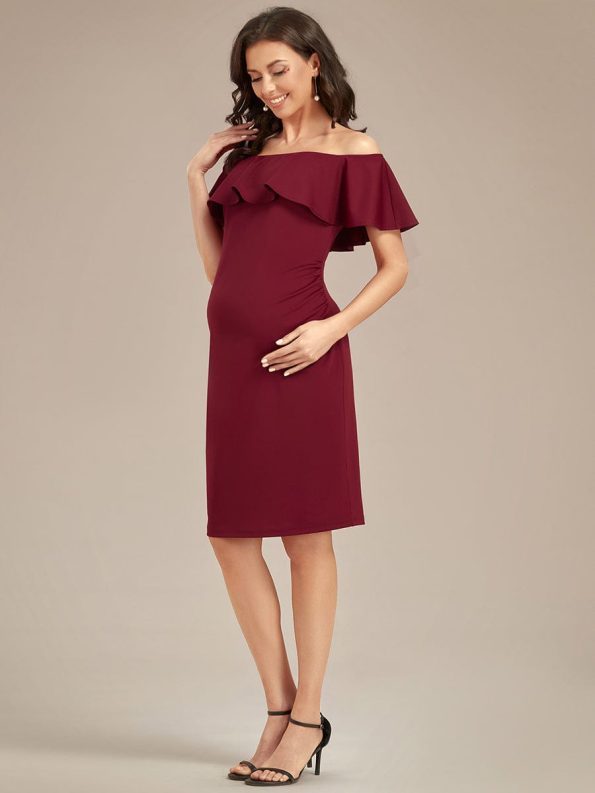 Elegant Ruffle Off-The-Shoulder Bodycon Midi Maternity Dress - Burgundy