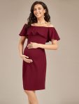 Elegant Ruffle Off-The-Shoulder Bodycon Midi Maternity Dress – Burgundy