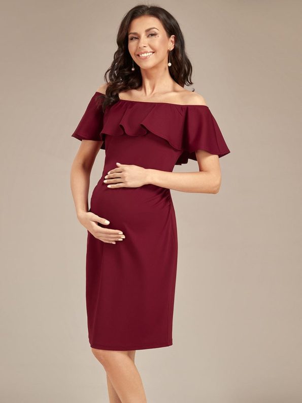 Elegant Ruffle Off-The-Shoulder Bodycon Midi Maternity Dress - Burgundy