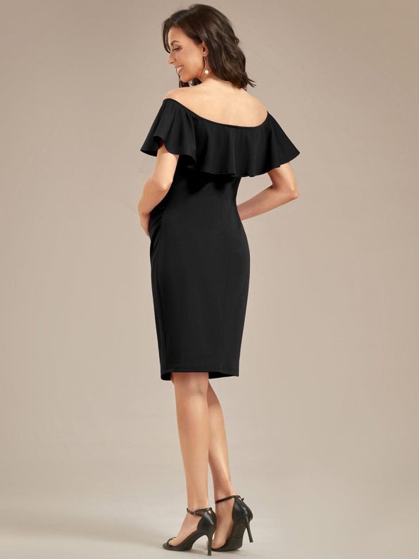 Elegant Ruffle Off-The-Shoulder Bodycon Midi Maternity Dress - Black