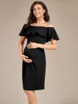 Elegant Ruffle Off-The-Shoulder Bodycon Midi Maternity Dress – Black