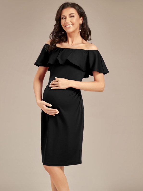 Elegant Ruffle Off-The-Shoulder Bodycon Midi Maternity Dress - Black