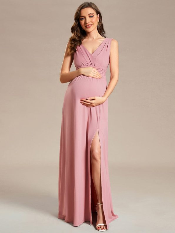 High Slit Sleeveless A-Line Stretchy Maxi Maternity Dress - Dusty Rose