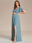 A-Line Ruffles Sleeve Front Slit Pleated Chiffon Maternity Dress – Dusty Blue