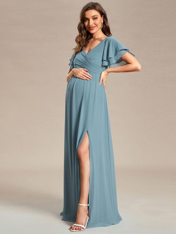 A-Line Ruffles Sleeve Front Slit Pleated Chiffon Maternity Dress - Dusty Blue