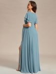 A-Line Ruffles Sleeve Front Slit Pleated Chiffon Maternity Dress – Dusty Blue