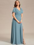 A-Line Ruffles Sleeve Front Slit Pleated Chiffon Maternity Dress – Dusty Blue