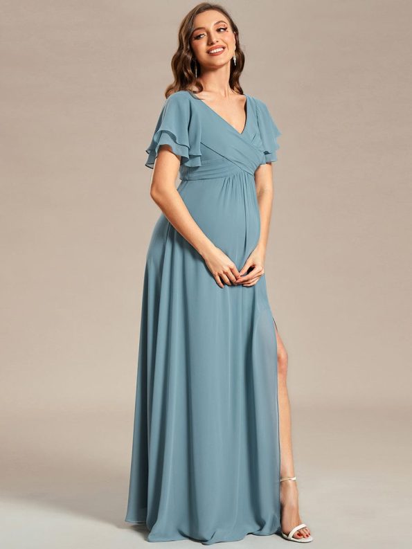 A-Line Ruffles Sleeve Front Slit Pleated Chiffon Maternity Dress - Dusty Blue