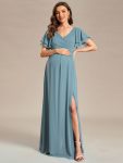 A-Line Ruffles Sleeve Front Slit Pleated Chiffon Maternity Dress - Dusty Blue