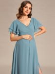 A-Line Ruffles Sleeve Front Slit Pleated Chiffon Maternity Dress – Dusty Blue