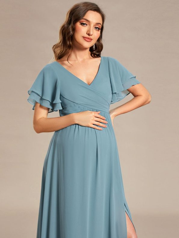 A-Line Ruffles Sleeve Front Slit Pleated Chiffon Maternity Dress - Dusty Blue