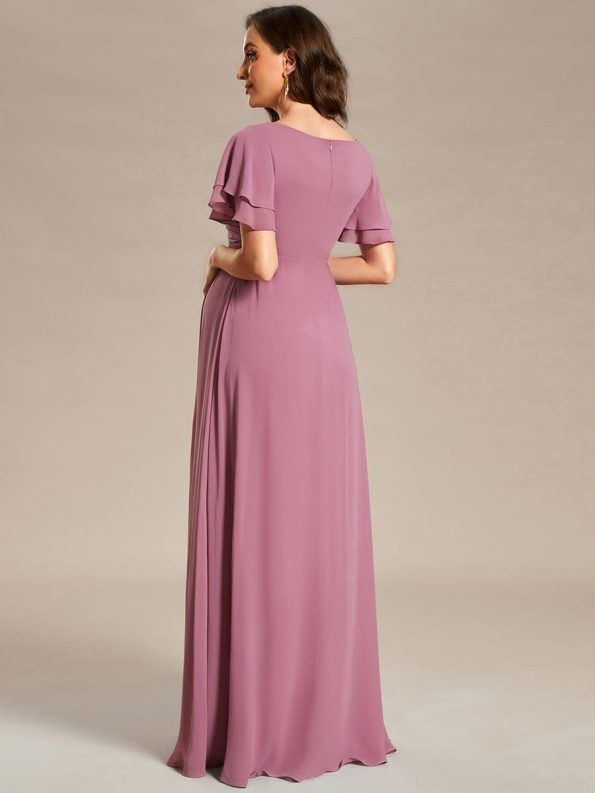 A-Line Ruffles Sleeve Front Slit Pleated Chiffon Maternity Dress - Purple Orchid