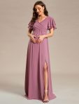 A-Line Ruffles Sleeve Front Slit Pleated Chiffon Maternity Dress – Purple Orchid