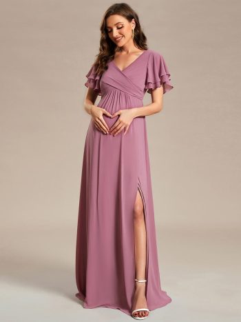 A-Line Ruffles Sleeve Front Slit Pleated Chiffon Maternity Dress - Purple Orchid