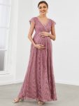 V-Neck Vintage Lace Short Sleeve Maxi Maternity Dress – Purple Orchid