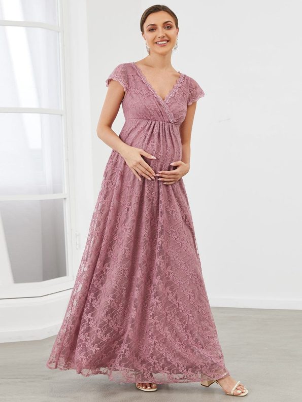 V-Neck Vintage Lace Short Sleeve Maxi Maternity Dress - Purple Orchid