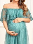 Empire Waist Vintage Floral Foldover Double-Layer Maternity Dress – Dusty Blue