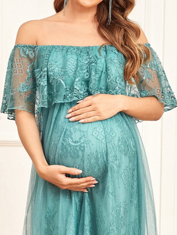 Empire Waist Vintage Floral Foldover Double-Layer Maternity Dress - Dusty Blue