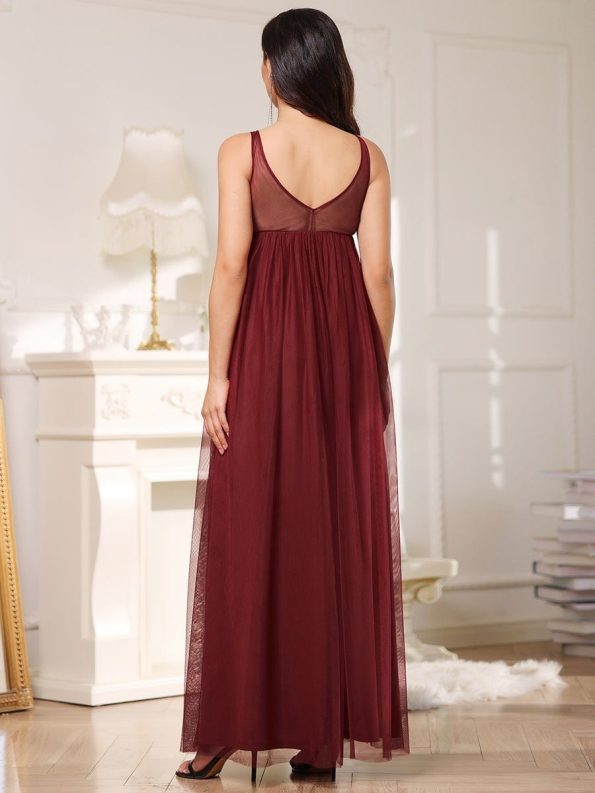 Double V-Neck Lace Bodice Long Flowy Maternity Dress - Burgundy