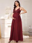 Double V-Neck Lace Bodice Long Flowy Maternity Dress – Burgundy