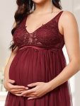 Double V-Neck Lace Bodice Long Flowy Maternity Dress – Burgundy