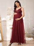 Double V-Neck Lace Bodice Long Flowy Maternity Dress – Burgundy