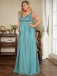 Plus Size Double V-Neck Lace Bodice Long Flowy Maternity Dress – Dusty Blue