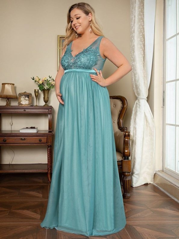 Plus Size Double V-Neck Lace Bodice Long Flowy Maternity Dress - Dusty Blue