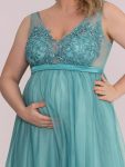 Plus Size Double V-Neck Lace Bodice Long Flowy Maternity Dress – Dusty Blue