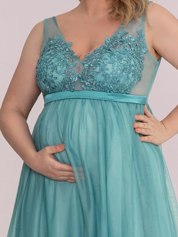 Plus Size Double V-Neck Lace Bodice Long Flowy Maternity Dress - Dusty Blue