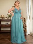 Plus Size Double V-Neck Lace Bodice Long Flowy Maternity Dress – Dusty Blue