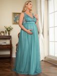 Plus Size Double V-Neck Lace Bodice Long Flowy Maternity Dress – Dusty Blue