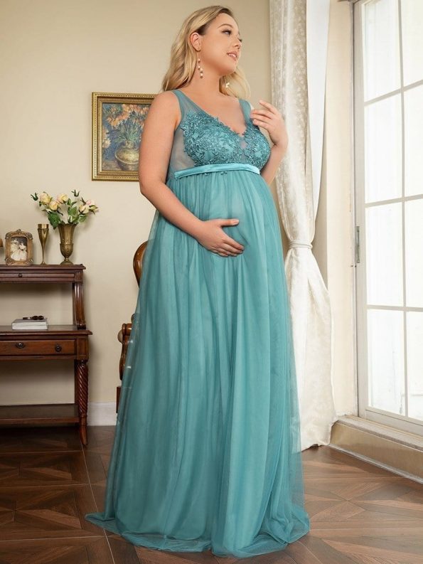 Plus Size Double V-Neck Lace Bodice Long Flowy Maternity Dress - Dusty Blue